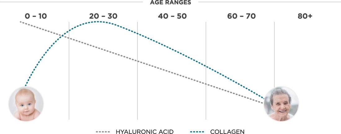 A chart showing how your hyaluronic acid and collagen levels decline as you age.