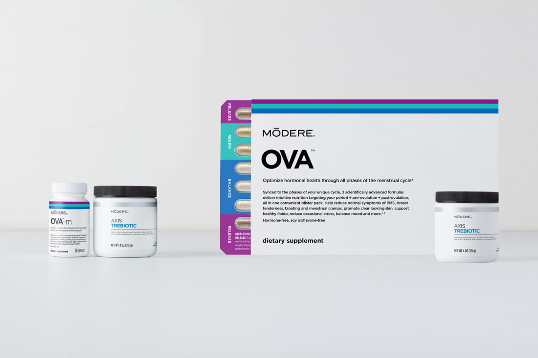 Product shot of Modere Ova and Modere Ova-m with two jars of Modere Axis Trebiotic