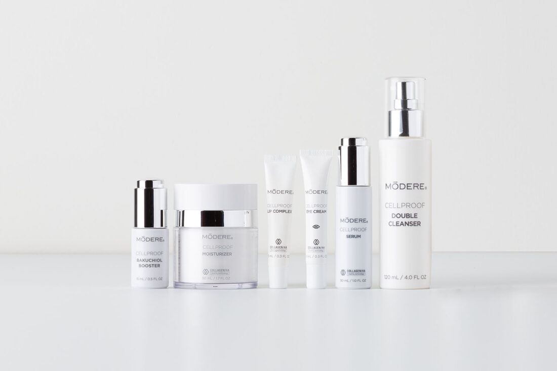 Modere CellProof skin care collection on a plain background