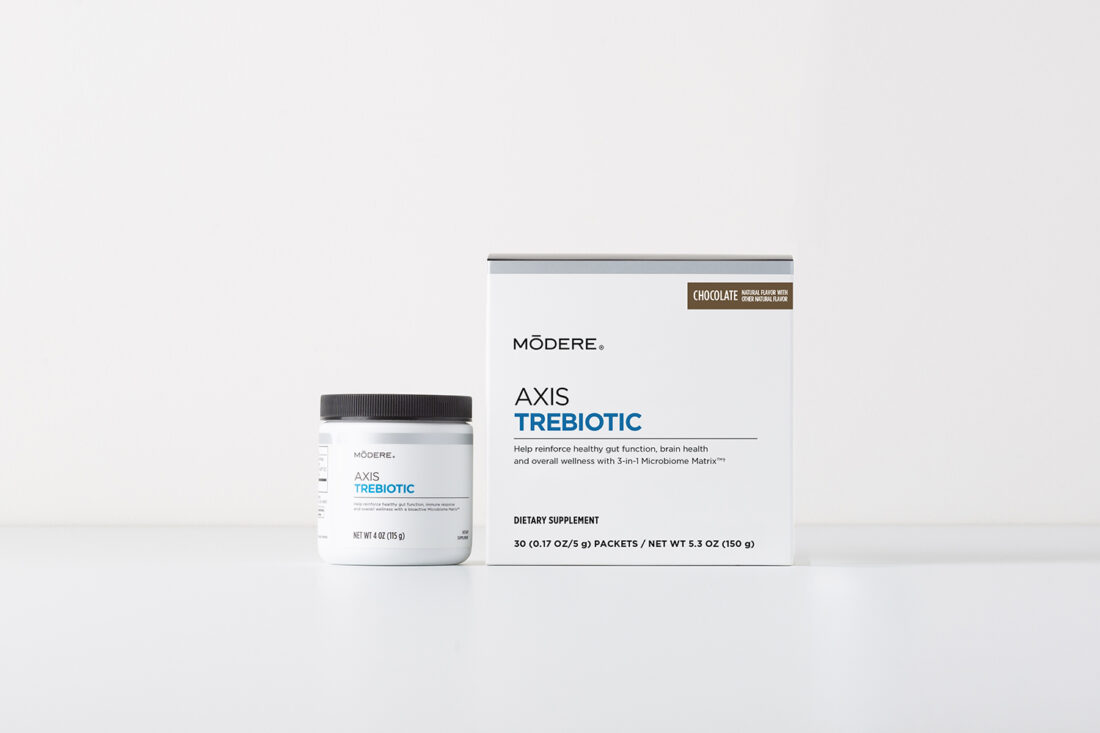 Side-by-side image of probiotic supplements Axis TreBiotic and Axis TreBiotic — chocolate.